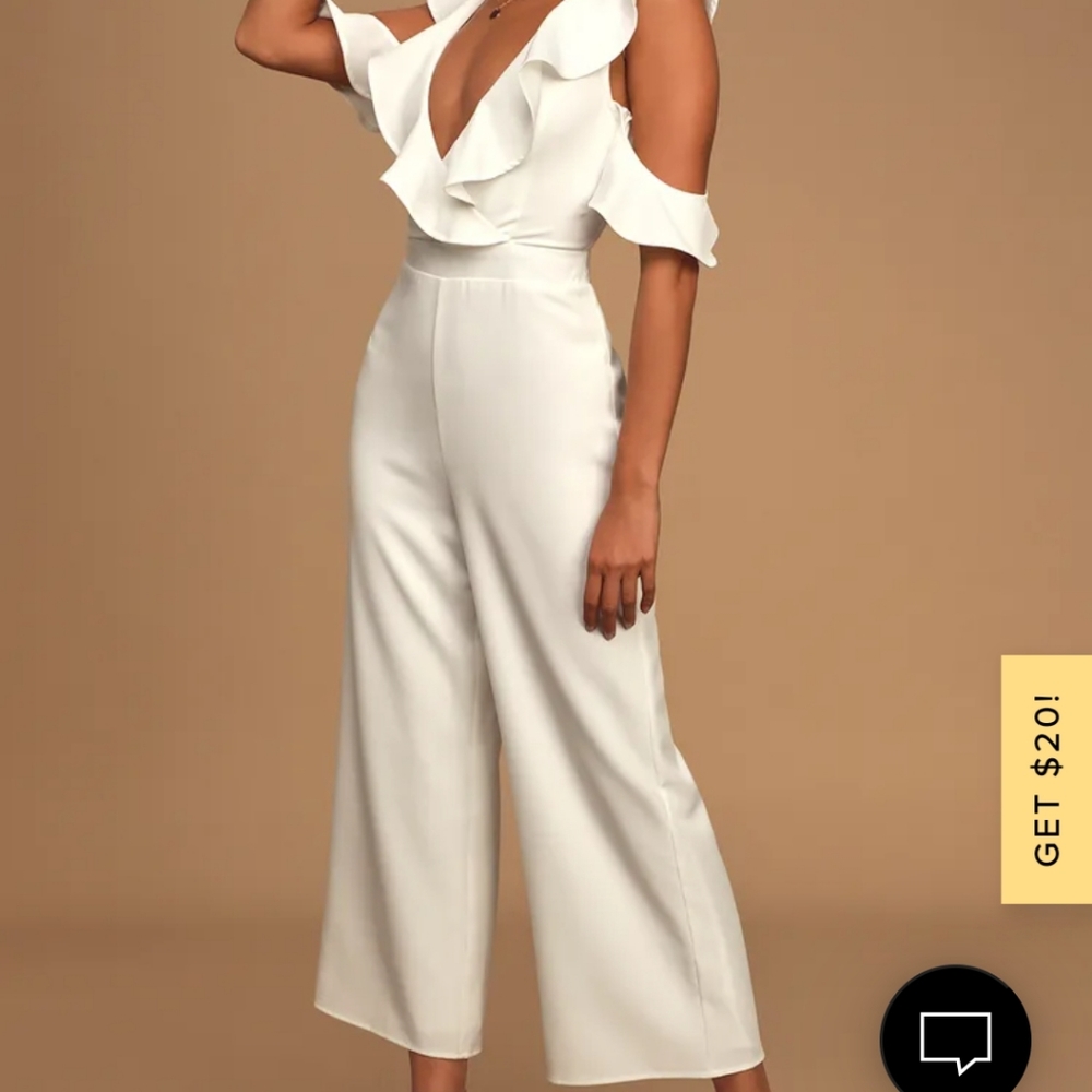 Lulu's Doozy White Ruffled Wide-Leg Off-the-Should